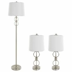 Promo ✨ Table Lamps & Floor Set Of 3, Brushed Steel, 3 Bulbs Included By Lavish Home 😉