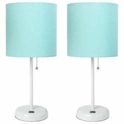 Buy 😉 All The Rages Inc. Stick Lamp With USB Charging Port, Aqua Fabric Shade And White Base, 2 Pack Set 🥰