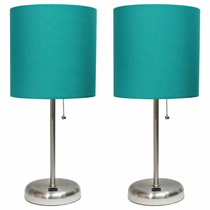 New โญ All The Rages Inc. Decorative Stick Lamp With USB Charging Port, Teal Fabric Shade - 2 Pack Set ๐