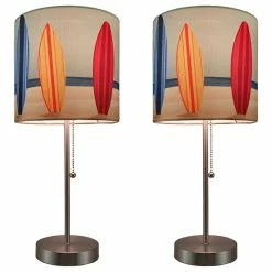 Flash Sale 💯 Zeckos Set Of 2 Stainless Steel Table Lamps W/ Decorative Surfboard Shades ⭐