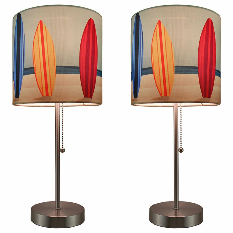 Flash Sale 💯 Zeckos Set Of 2 Stainless Steel Table Lamps W/ Decorative Surfboard Shades ⭐
