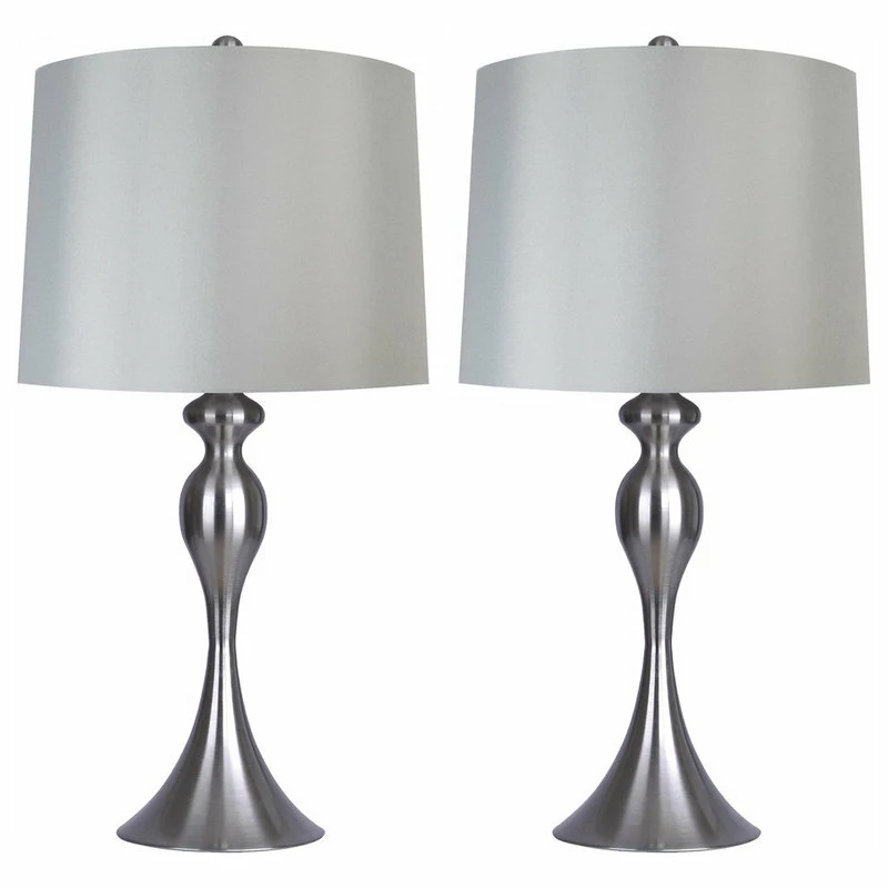 Best Sale 🤩 LumiSource 26.5" Brushed Nickel Table Lamps Light Gray Shade, Set Of 2 😀