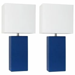 Discount β Elegant Designs Set Of 2 Modern Leather Table Lamps, White Fabric Shades, Blue β