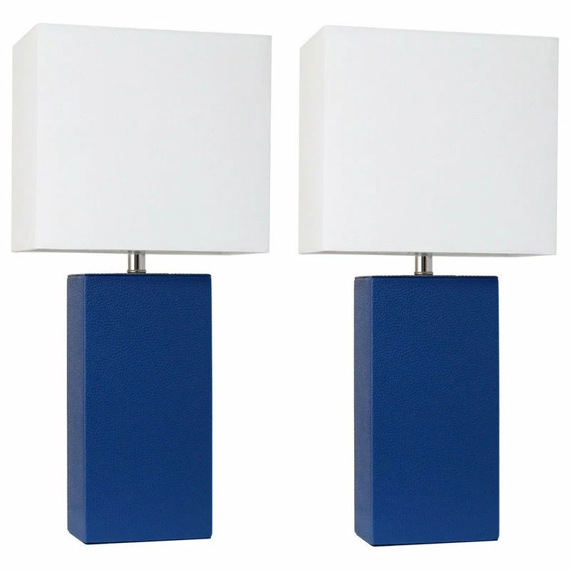 Discount ⭐ Elegant Designs Set Of 2 Modern Leather Table Lamps, White Fabric Shades, Blue ⌛