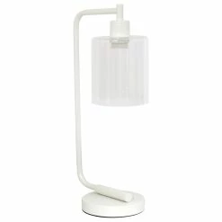 Best deal 🛒 Simple Designs Bronson Antique Style Industrial Iron Lantern Desk Lamp With Glass Shade, White 🧨