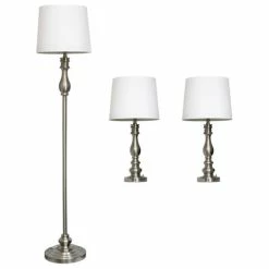 Outlet 🎉 Alltherages Elegant Designs Brushed Steel Three Pack Lamp Set (2 Table Lamps, 1 Floor Lamp) 🌟