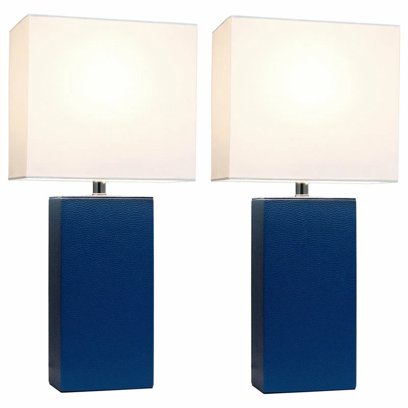 Discount ⭐ Elegant Designs Set Of 2 Modern Leather Table Lamps, White Fabric Shades, Blue ⌛ - Image 2