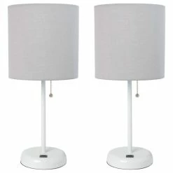 Best deal 🎁 All The Rages Inc. Stick Lamp With USB Charging Port Gray Fabric Shade And White Base - 2 Pack Set 😍