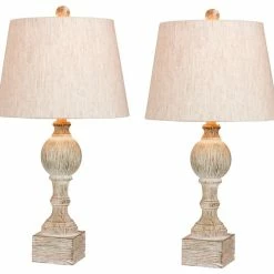 Cheapest 💯 Fangio Lighting 26.5" Distressed Column Resin Table Lamp, Set Of 2, Cottage Antique White ⭐