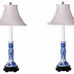 Deals ✨ William Sung Blue And White Set Of 2, Porcelain Candlestick Holder Table Lamp 25" 😀