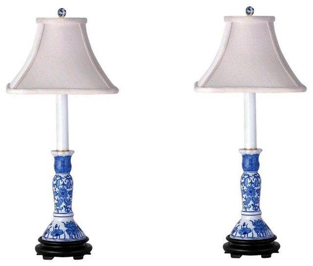 Deals ✨ William Sung Blue And White Set Of 2, Porcelain Candlestick Holder Table Lamp 25" 😀