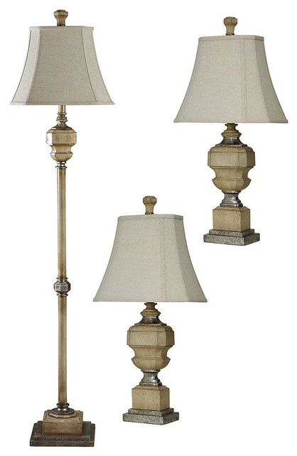 Budget ๐ StyleCraft Home Collection Set Of 3 Lamps 1 Floor 2 Table In Antique Caramel With Natural Line Shades ๐งจ