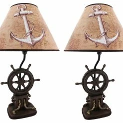 New ⭐ Zeckos Set Of 2 Nautical Ship`s Wheel Table Lamps Captain's Destiny 😉