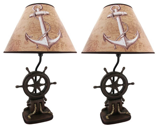 New ⭐ Zeckos Set Of 2 Nautical Ship`s Wheel Table Lamps Captain's Destiny 😉